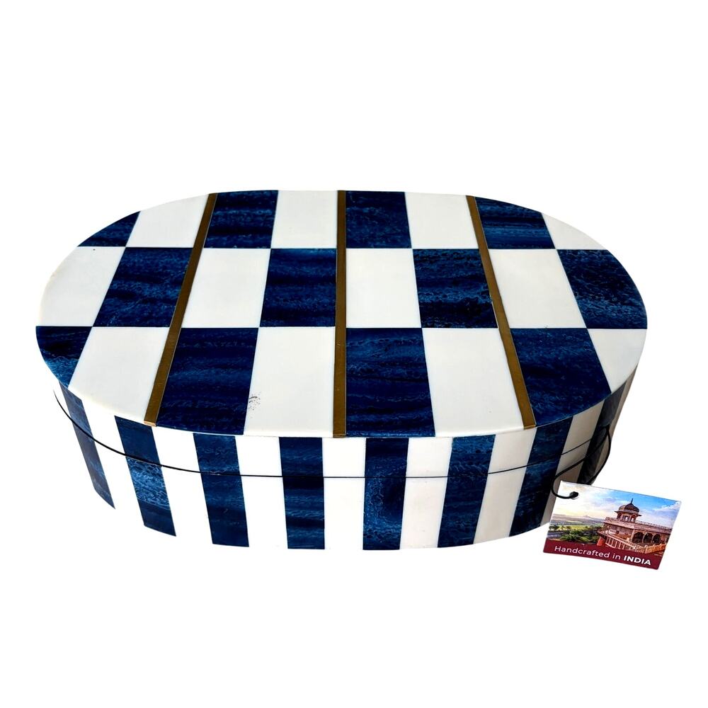 Handcrafted Blue Checkered Bone & Resin Decorative Box 11x7 Made in India NEW
